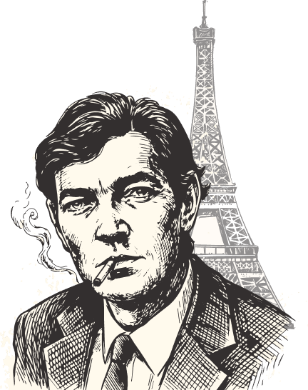 Ilustración de Julio Cortázar con la Torre Eiffel de fondo